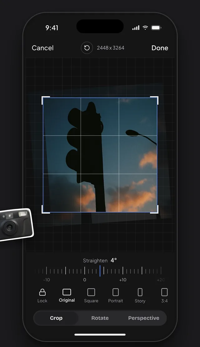 The crop tool with its straighten dial